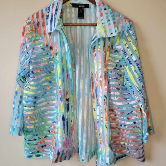 Ali Miles Size PL Sheer Mesh Front Zip Jacket Abstract Multi Color Design - Picture 4 of 12